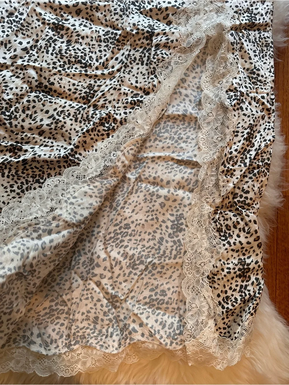 aerie Cream and Black Leopard Lace-Trim Midi Skirt